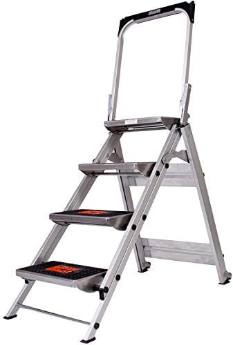 0.9m PREMIUM TRADE Folding Step Ladders – 4 Tread Anti-Slip Aluminium Safety Steps & Grip Feet – 2.5m Working Height/Reach – Little Giant Painting & Decorating Slim Folding Sturdy Work Ladder