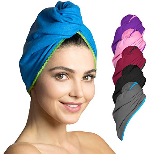 Fit-Flip Haarturban Mikrofaser - 2 Stück Haarhandtuch mit Knopf - schnelltrocknend und saugstark - Microfaser Kopf Turban - Haar Handtuch (blau-grün)