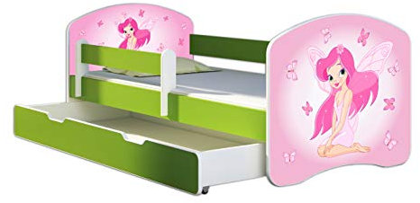 ACMA Kinderbett Jugendbett mit Einer Schublade und Matratze Grün mit Rausfallschutz Lattenrost II 140x70 160x80 180x80 (07 Rosa Fee, 180x80 + Bettkasten)