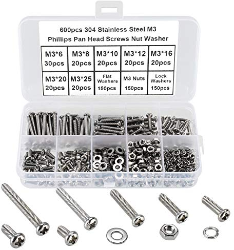 FandWay 600 Pezzi M3 Kit di Bulloni e Dadi Rondelle con Rondelle di Bloccaggio,Viti a Testa Bombata con Phillips DIN 7985, Viti a Macchina Testa Tonda Completa Filettatura in Inox 304.
