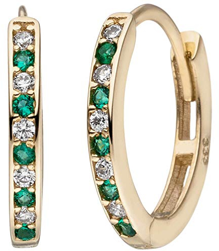 Schmale Creolen aus 333 Gold Gelbgold mit 20 Zirkonia grün weiß Ohrringe oval