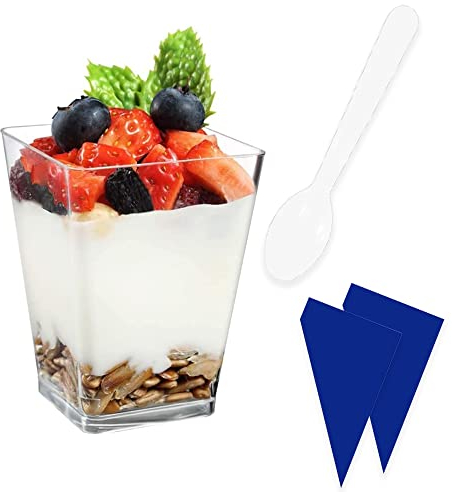 SABR 25 Dessert Cups + 25 Plastic Spoons + 2 XL Piping Bags (160ml/5.5oz) - Clear Reusable Appetiser Plastic Cups - Party Cheesecake pots Trifle Bowl Tableware Decor Wedding Dessert Pots…