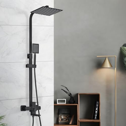 TVTIUO Columna de ducha Ducha Para Baños Set,Negro para Baño Set Ducha, 3 Modos con 8“ Latón Alcachofa Ducha Lluvia y Cuadrado Ducha de Mano,Altura Ajustable
