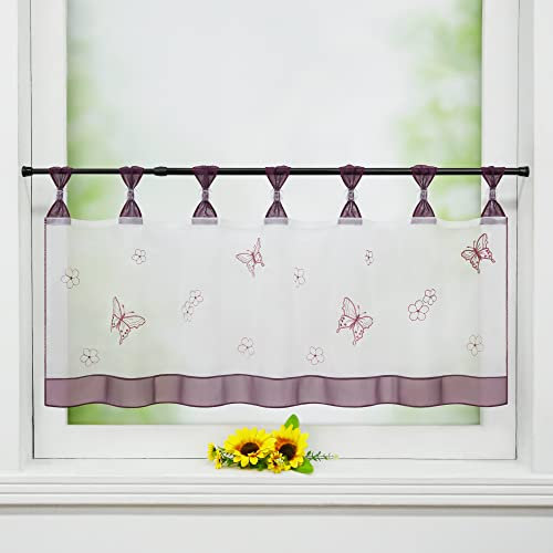 Delien Scheibengardine Voile Bistrogardinen mit Schlaufen Küchen Kurzstore Stickerei »Schmetterling« Transparente Durchstangenzug Stores Gardine Kurzvorhang BxH 120x60cm,Violett