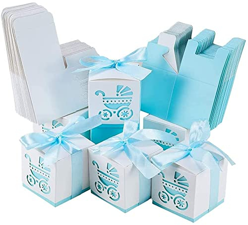 TTBDDM 50 Stück Baby Kutschen Geschenkbox, Ribbon Candy Geschenkbox, Geschenkboxen Babyparty, Neugeborene Baby Taufe Box, zum Verpacken von Süßigkeiten, Keksen und Kleinen Geschenken auf Partys