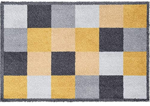 THE RUGS - Mayfair Recycled Washable Indoor Kitchen & Hallway Doormat Rug Blocks Ochre Geometric Design | Yellow 75 x 50 cm