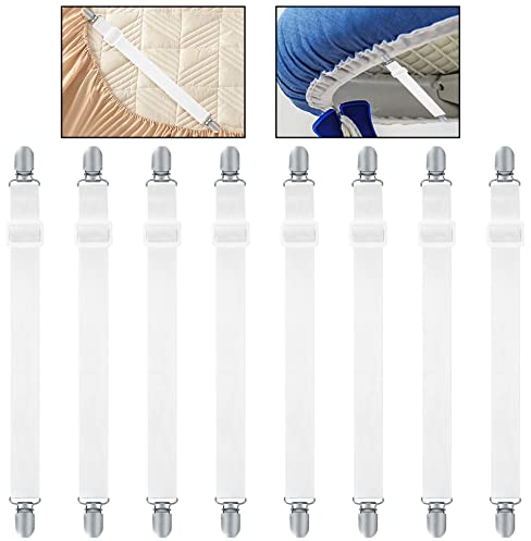 WELHAEPI Bed Sheet Clips, Adjustable Bed Sheet Fasteners, Elastic Sheet Straps Suspenders Clips, Heavy Duty Bed Sheet Grippers, Mattress Sheet Covers Corner Holders Fasteners Straps(White)-8 Pack