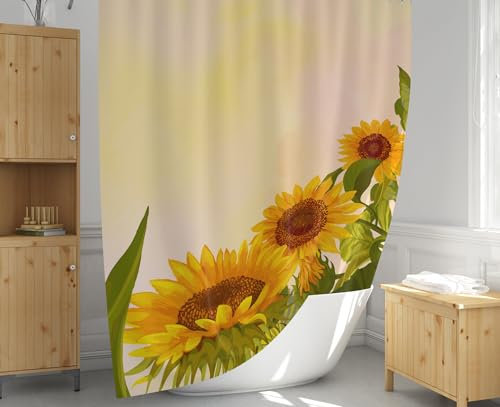 Rideau de douche coloré lavable tissu de joli motif tournesols | Rideau de baignoire large anti moisissure 180x200 | Rideau douche décoratif avec crochets, accessoires pour une salle de bain élégant