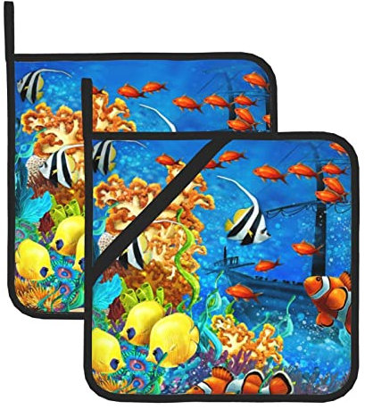 Pentole e padelle quadrate isolate, 2 pezzi, con anello resistente al calore, per cucinare e cuocere, il pesce tropicale del mondo sottomarino 20,5 cm x 20,5 cm