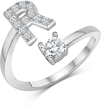 Zelaro Silber Ring mit Buchstabe | Zirkonia Ring mit Initialen | Pärchen Ringe für Mädchen Geschenk für Freundin | Frauen Ring als Schmuck Ringe zum Jahrestag | Verstellbare Ringe in Silber (R)