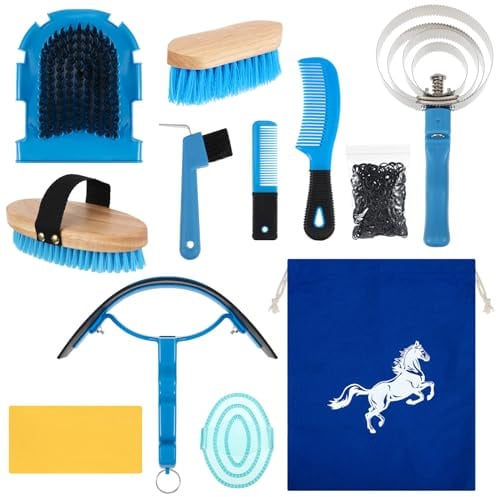 Abbylike 12 Pieces Horse Grooming Kit Equine Care Brushes,Blue | Hoof Pick Sweat Scraper Comb Shedding Tool Sponge Bag, Show Supplies Tack Room Equestrian Massaging Cleaning Competition