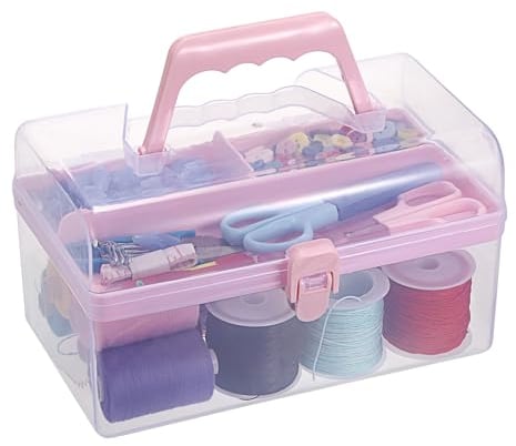 SUMTree Rectangle Plastic Craft Storage Boxes with Lids for Art Supplies, Multipurpose Plastic Art and Craft Supply Storage Container Bin Case with Removable Tray, Transparent Pink