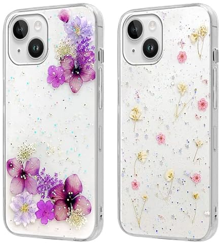 Foonary 2 Stück Handyhülle für Apple iPhone 14/Apple iPhone 13 Hülle 6,1, Transparent Getrocknete Blumen Design Case Aesthetic Mädchen Frauen Schutzhülle, Weich TPU Stoßfest für iPhone 14/13 Cover