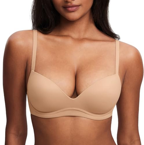 DOBREVA Women's Push Up Bra Plunge Wireless Comfortable T Shirt Padded Bras Warm Beige 34B