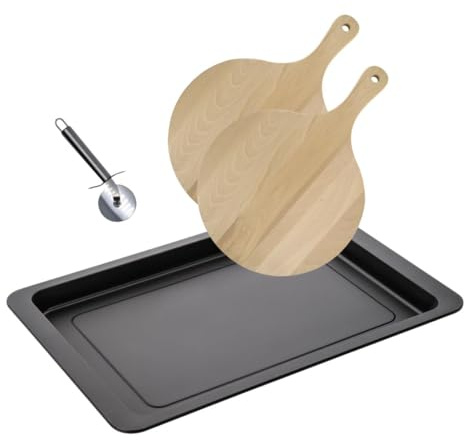Fackelmann 9938350 Pizza-Set 1 Backblech, 2 Pizzabretter und 1 Pizzaschneider, Pizzabrett, Backblech, Pizzaschneider, Edelstahl, Holz, 42 x 29 x 2,5 cm