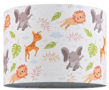 Happy Homewares Jungle Animals Childrens Textured Linen Fabric Lamp Shade - Elephants Lions and Giraffes | 25cm Diameter | 60w Maximum | Inner Cotton Lining