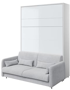 MEBLINI Schrankbett mit Sofa Bed Concept - Wandbett mit Lattenrost - Klappbett mit Schrank - Wandklappbett - Murphy Bed - BC-01-140x200cm Vertikal - Weiß Hochglanz/Grau