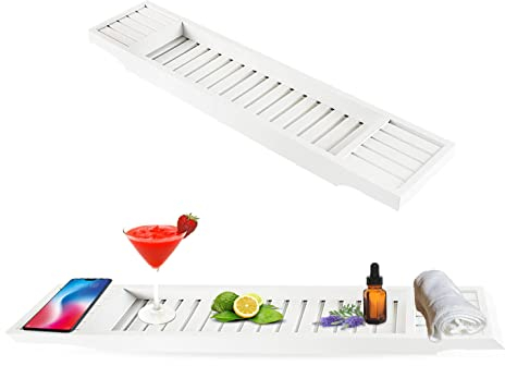 LeGDOr Plateau de Bain Moderne en Bois pour Baignoire, shampoing, rasoirs, Savon, Livre, Tablette de Rangement, Organisateur de Rangement pour Baignoire, Installation Facile (Blanc)