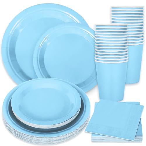 Whaline 100Pcs Light Blue Tableware Set Blue Graudation Party Supplies Summer Disposable Dinnerware Set 50Pcs Paper Plates 25Pcs Napkin 25Pcs Cups for Wedding Birthday Bride Shower Party Table Decor