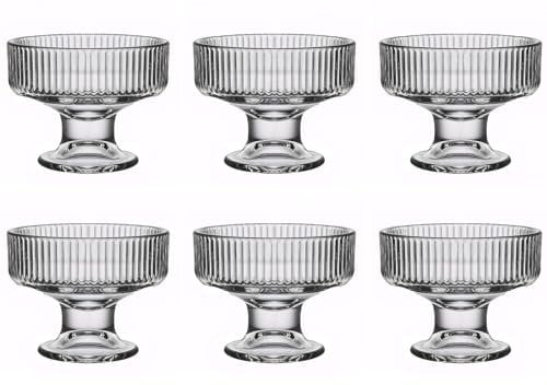 binsakao Glass Ice Cream Bowl Set of 6, Small Clear Mini Footed Dessert Cups for Fruit Pudding Trifle Parfait Sundae Nuts Cocktail Drinks Party (6.3 oz, Ribbed)