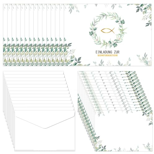 15x Einladungskarten Kommunion mit 15x Umschlag Einladungskarten, Papierförmig Konfirmation Karten Kommunion mit Fisch Gold, 10.5*14.8cm Taufe Kommunion Einladung, Grün Einladung für Jungen Mädchen