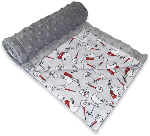 Leanbe Babydecke 50x70 cm – Kuscheldecke für Kinderwagen & Bett, doppelseitig, weich & flauschig, Baumwolle, Decke für Babys & Kleinkinder (Grau Minky-Störche)