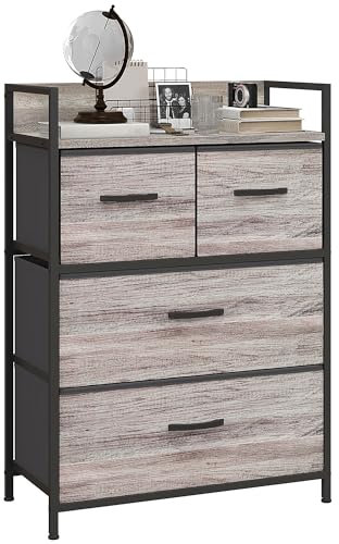 HOMCOM Bedroom Chest of Drawers, Fabric Dresser with 4 Drawers, Storage Organiser Unit with Open Shelf and Metal Frame for Living Room, Entryway, Grey Wood Effect