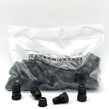Pack of 50 M10x1.5 Black 10mm IP68 Waterproof Nylon Cable Glands, Locknut and Washer for 3mm - 5mm Cables, Compression Stuffing Gland Connector Sparky Market
