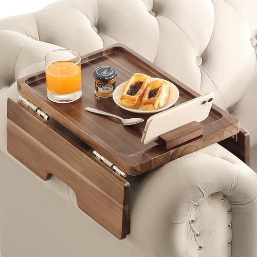 BLUEWEST Sofa Armlehne Tablett, Arm Tisch Sofa Arm Tablett mit robustem großem Griffarm, Doppel großen SS304 Scharnieren und 360 drehbarer Telefonhalterung, rutschfest/flexibel mit verschiedenen