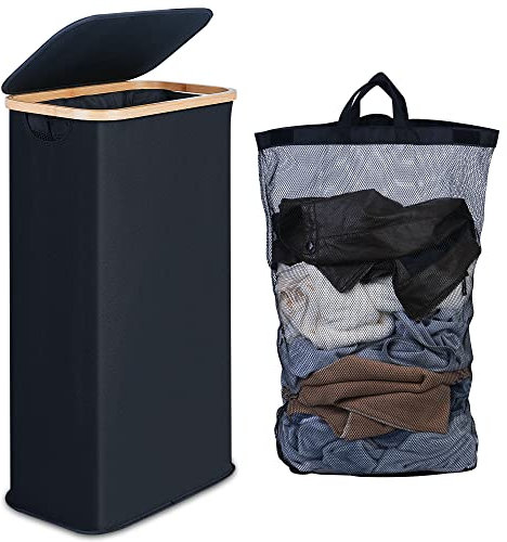 efluky Cesto per la Biancheria Sottile 63L, Cesto per la Biancheria con Coperchio, Vassoio per la Biancheria Pieghevole Nero con Manici in Bambù e Borsa Rimovibile per Camera da Letto, Lavanderia