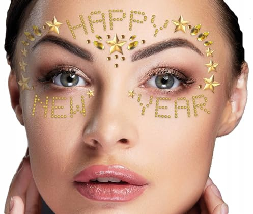 FIESTAS GUIRCA | Selbstklebende Gesichtsschmuck Happy New Year - Make-up Zubehör für Silvester und Feiern - Ideal für Weihnachten und Neujahr - Für Kinder und Erwachsene - Gold
