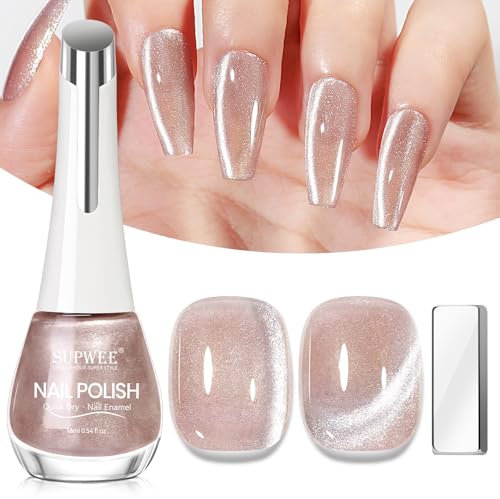 SUPWEE Cat Eye Nail Polish, Magnetic Crystal Quick Dry Light Nude Pink Nail Varnish with Magnetic Stick Oil Base Cat Eye Effect Glitter Manicure DIY Art