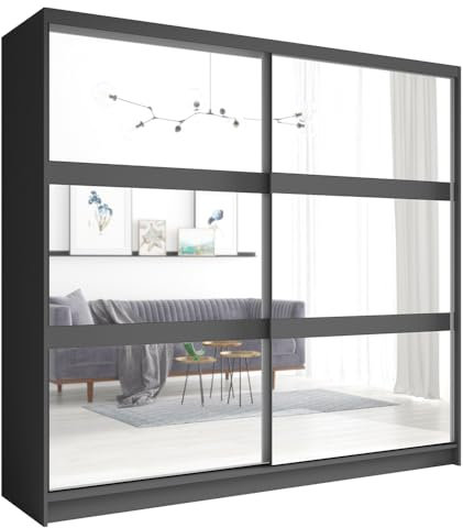 Lomadox Schwebetürenschrank Kleiderschrank in Graphit, 2 Kleiderstangen, 2 Schwebetüren mit Spiegel, 230cm breit