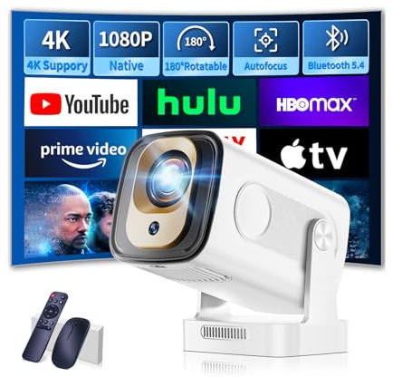 Mini Proyector Vídeo, Proyector Portátil con WiFi 6 y BT 5.4, 1080P Full HD 4K,Proyector Inteligente con Función Enfoque Automático y Corrección Trapezoidal, para TV Stick/USB/HDMI/PC/Laptop