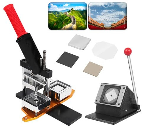 Photo Magnet Machine 5 Sizes for Making Iron Fridge Magnets, Manual Press with Paper Cutter + 100 Pcs Consumables, Metal Badge Press Kit, DIY Crafts & Character Badges &Holiday Decoration ,53*80MM
