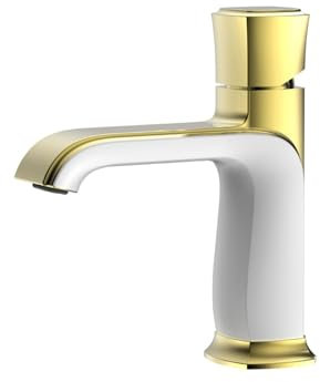 XSDSM Robinet Mitigeur Lavabo Robinet Salle Bain Lavabo Poignée Unique Noyau de Valve en Céramique Chaud et Froid Installation à Trou Unique,Blanc + Or