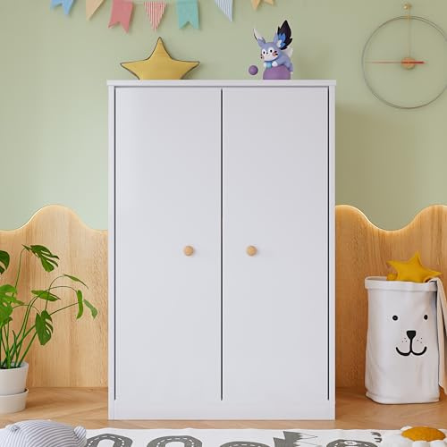 RIAZOS Kleiner Kleiderschrank mit Stange, 2-türiger Kleiderschrank, Schlafzimmer, Wohnzimmer, Kinderkleiderschrank, MDF, Weiß