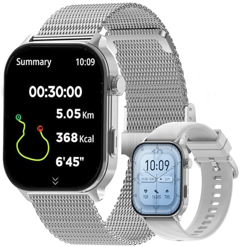 SGDDFIT GPS Smartwatch, 2,01 AMOLED Fitnessuhr Herren mit Telefonfunktion, 350mAh Batterie, Sportuhr mit Anrufe mit Schlafmonitor, 5ATM Wasserdicht Smart Watch für iOS Android, 2 Armbänder (Silber)