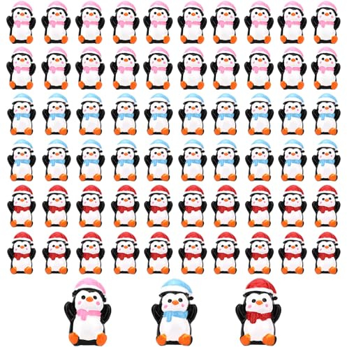 Sinbana 60stk Mini Harz Pinguin Figuren, Winzige Weihnachts Pinguine mit Weihnachtsmann Hut und Schals Miniatur Tier Figuren für Winter Dekorationen Kuchen Topper Mikro Garten Weihnachts Party
