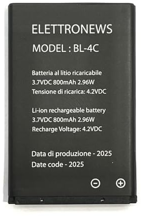 Batteria di ricambio per cellulare Saiet Compact, 3,7V, 800mAh Nuova BL-4C Nera, Capacità e Prestazioni pari all'originale.
