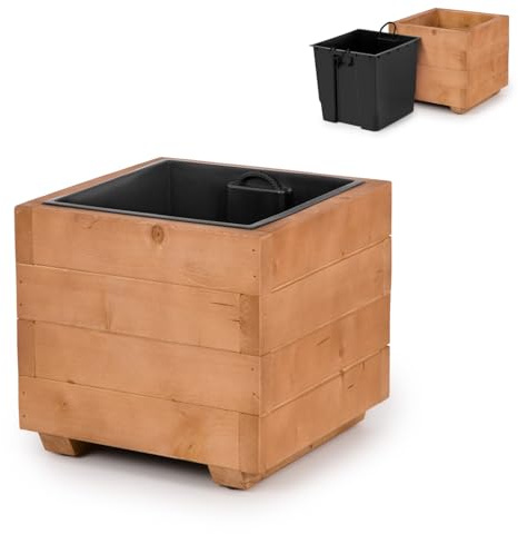 alfalux Blumentopf Holz - Pflanzkübel Übertopf Blumenkasten - mit Kunststoffeinsatz Herausnehmbar - 33 x 33 x 32 cm - Nuss Braun 33KAN3332NU