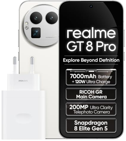 realme GT 8Pro 5G Smartphone 12GB+512GB, White | Batteria 7000mAh, Ricarica Rapida 120W, Display 6,79 pollici, 120Hz, Fotocamera 200MP, Snapdragon 8 Elite Gen 5, IP69