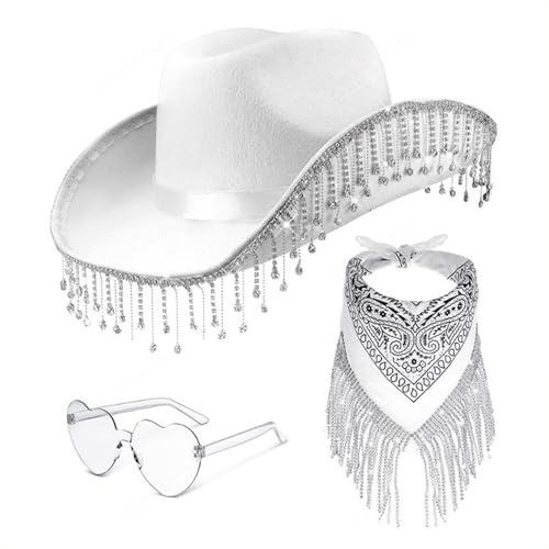 3 Stück Cowboyhut Accessories Set, Western Cowboy Outfits Zubehör Kit mit Cowboyhut Herzförmiger Sonnenbrille Paisley Bandanas für Damen Herren Halloween Maskeraden Partys Cowboy Hut Westernhut