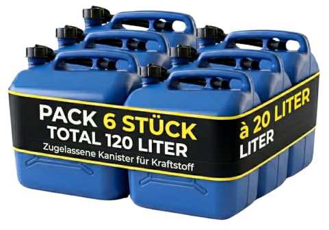 Humpti Jerrican Essence 20L Homologué Plastique avec Jauge de Niveau - Bidon Carburant Pack 6 Unités - Pour Essence Gasoil et Diesel, 120L Total