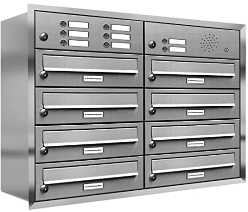 AL Briefkastensysteme, 8er Unterputzbriefkasten, Briefkasten mit Klingel, 8 Fach, Briefkastenanlage modern, rostfrei Edelstahl Postkasten