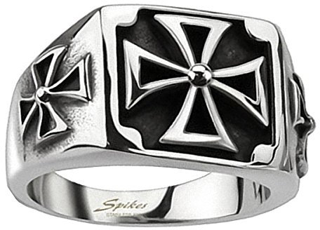 Piersando Herren Ring Biker Edelstahl mit Triple Iron Cross Motiv Herrenring 14mm Breit Silber Größe 65 (20.7)
