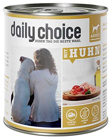 DAILY CHOICE – Huhn | Nassfutter mit natürlichen Zutaten und wertvollen Superfoods für ausgewachsene Hunde. Getreidefreies Alleinfutter ohne Zusatzstoffe in der Dose | 24x800g Huhn