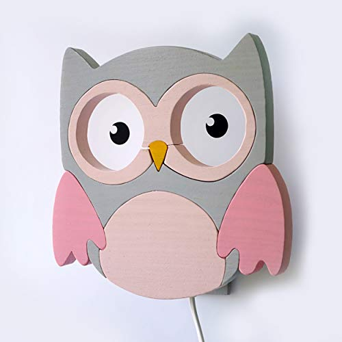 Clevere Kids Kinder-Wandlampe Alle meine Tiere | Handarbeit aus der EU | hochwertige Leselampe, Nachtlicht aus Holz | E14 (Eule grau-rosa)