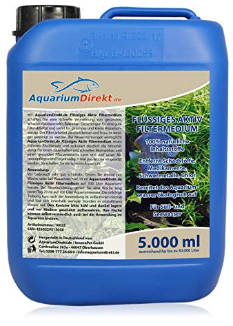 AquariumDirekt Flüssiges AKTIV Filtermedium (Der Wasseraufbereiter entfernt Schadstoffe, Medikamente, Schwermetall und Chlor für Süß- und Seewasser Aquarium), Größe:5 L
