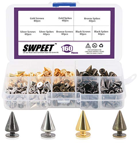 Swpeet, 160 paia di borchie a cono, in 4 colori, 7 mm x 9,5 mm, vite posteriore in metallo, per fai da te in pelle, rivetti freschi, punk e coincal
